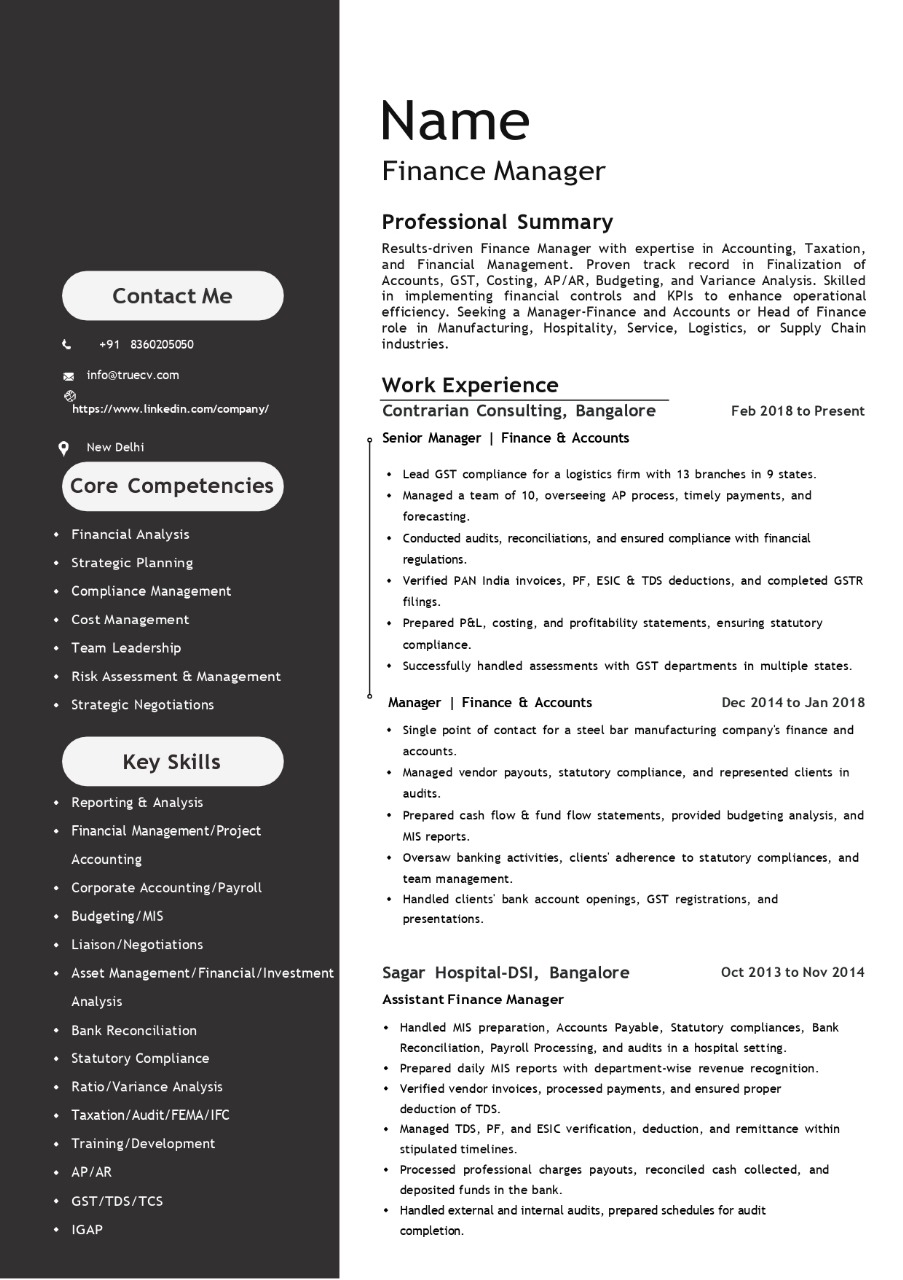 resume writing for finance manager truecv